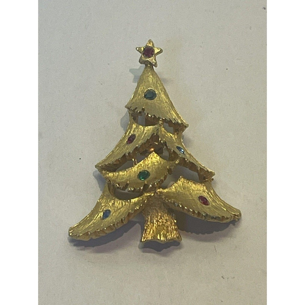 Vintage Multi Colored Rhinestone Gold Toned Christmas Tree Pin Brooch